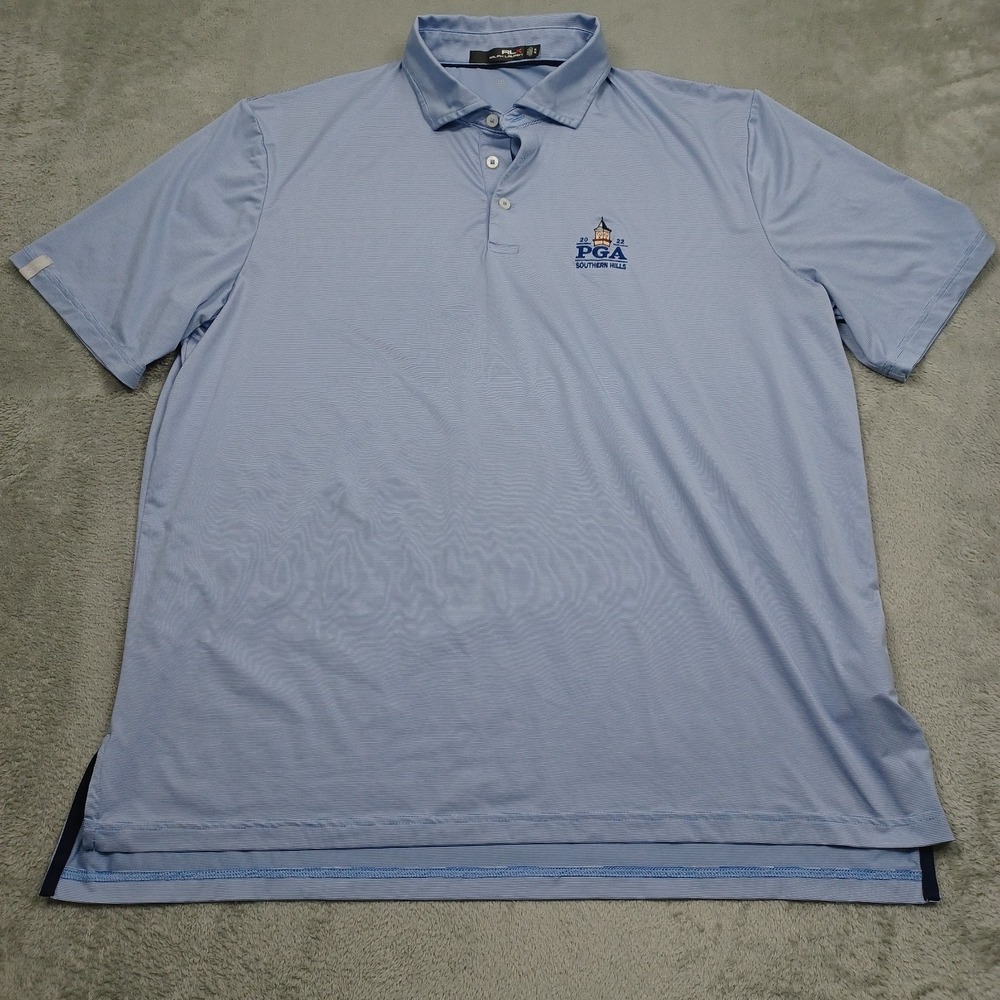 RLX Ralph Lauren Shirt Mens XL Blue Striped Polo Short Sleeve Golf Preppy Logo